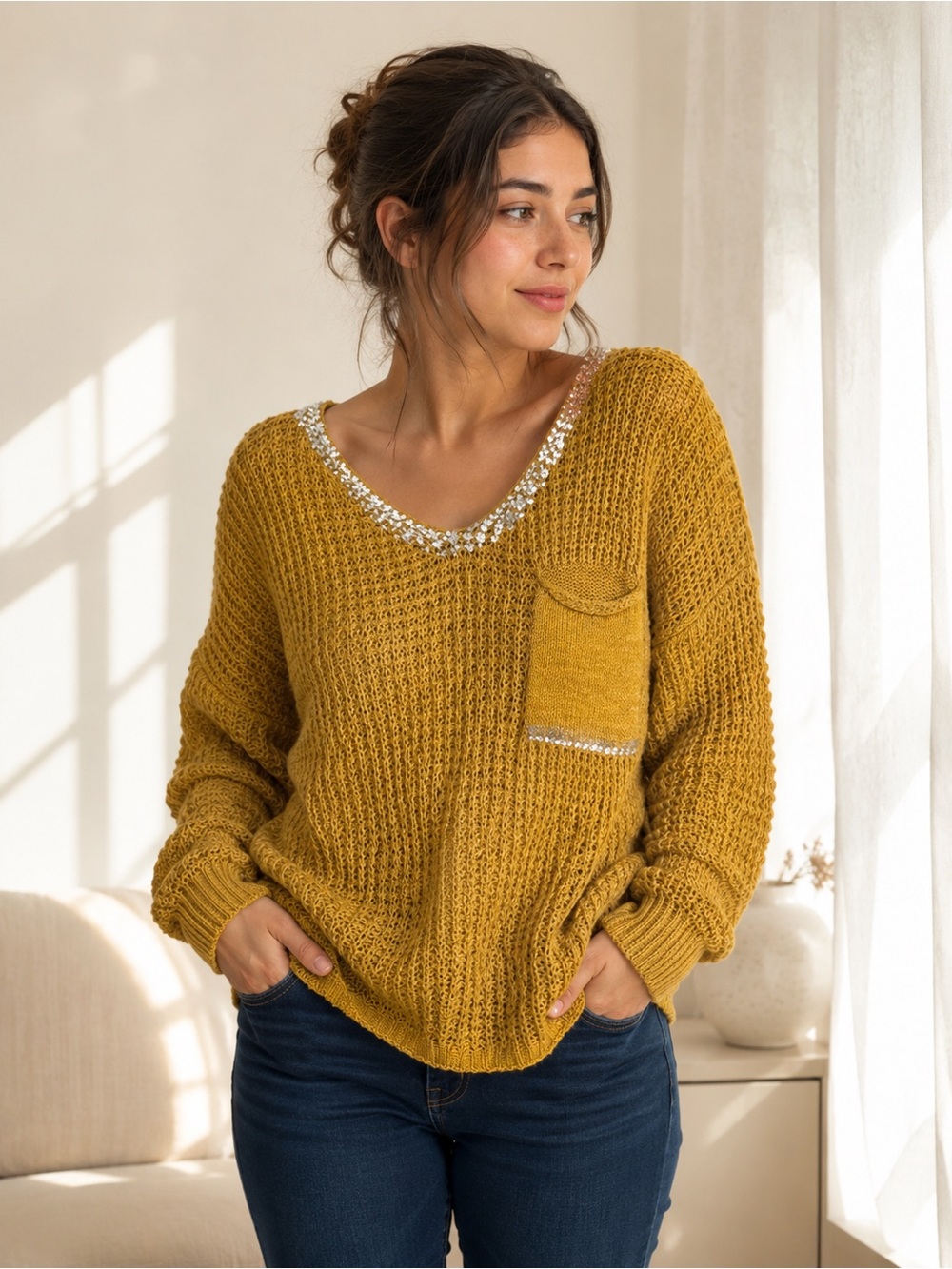 Made in Italy V-Neck Chunky Knit Sweater in Mustard